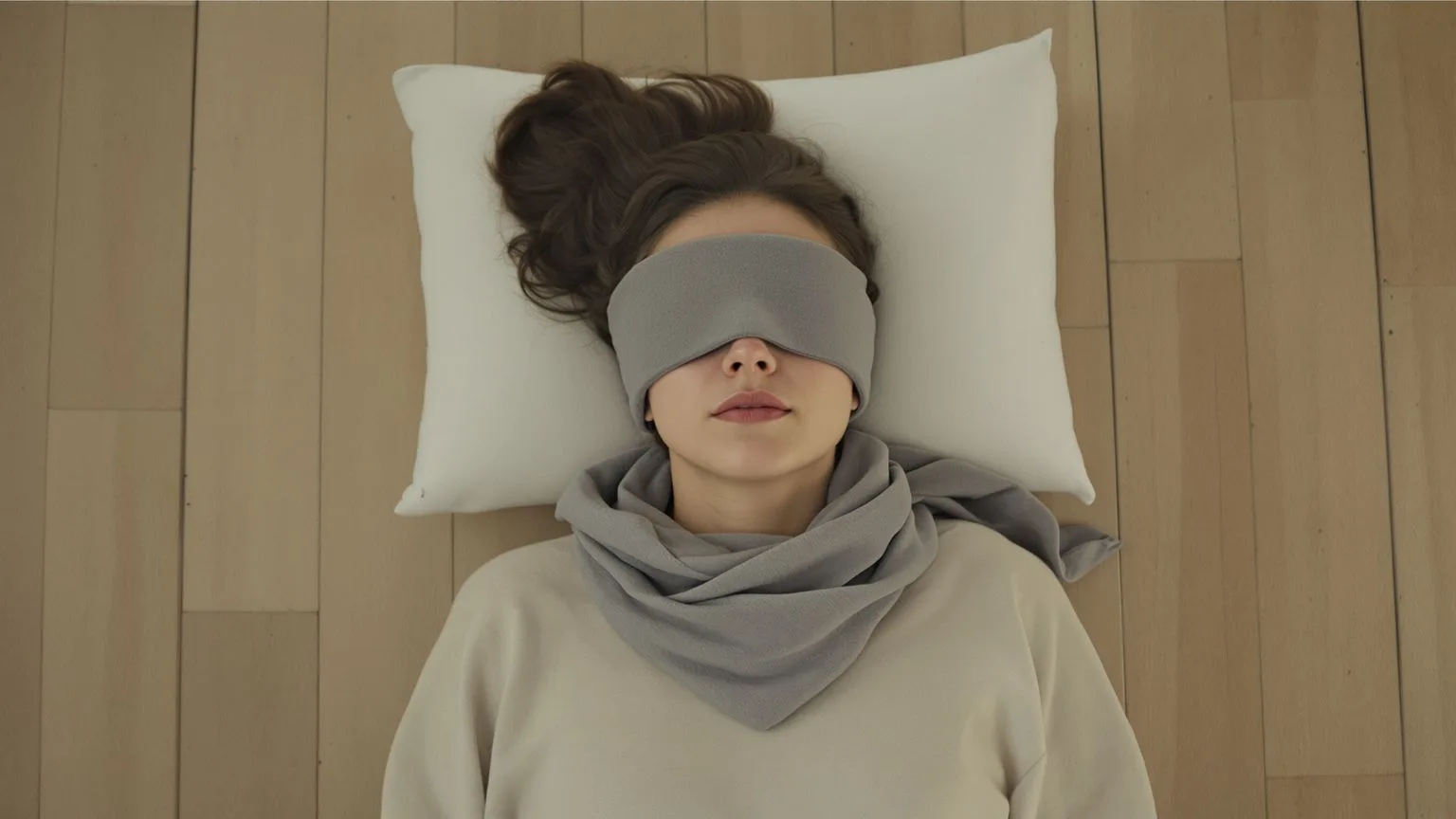 Overhead view of woman lying still on wooden floor, eyes covered with soft scarf, practicing self-lo Overhead view of woman lying still on wooden floor, eyes covered with soft scarf, practicing self-love through quiet surrender