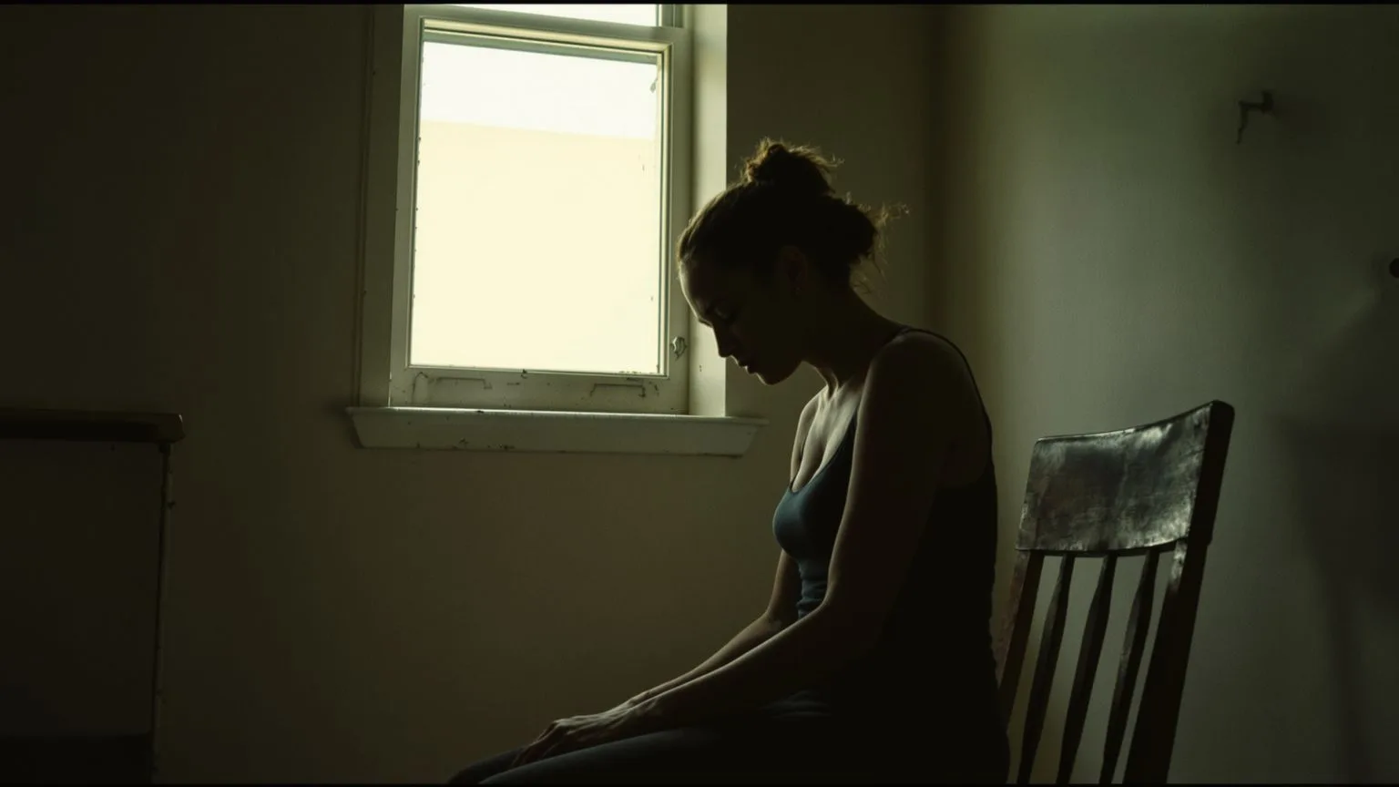 Woman seated alone in a dim kitchen, eyes closed and head bowed, embodying why self-love practice fe Woman seated alone in a dim kitchen, eyes closed and head bowed, embodying why self-love practice feels so hard