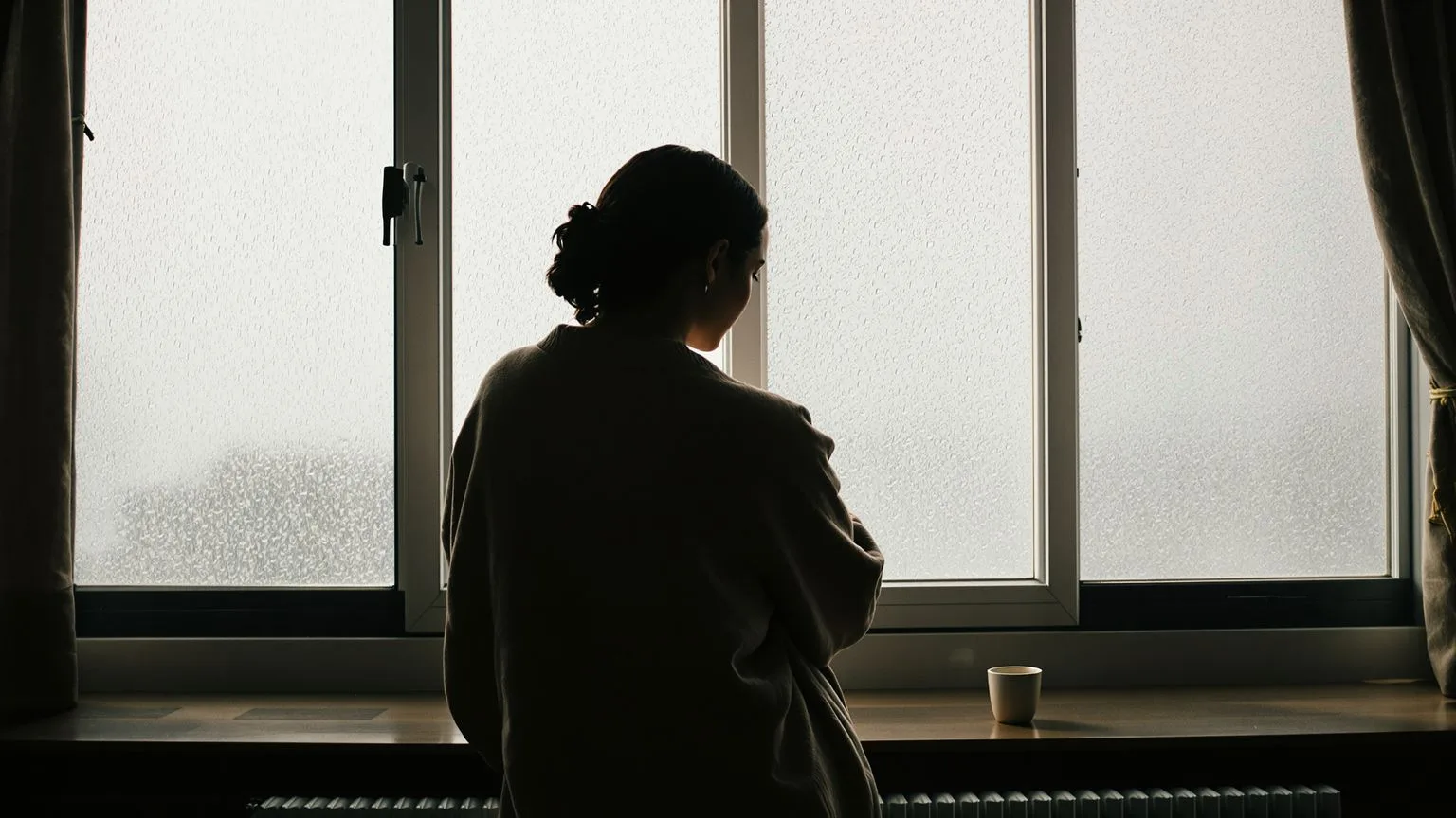 Woman standing at rain-streaked window from behind, arms wrapped in sweater, practicing self-love th Woman standing at rain-streaked window from behind, arms wrapped in sweater, practicing self-love through quiet solitude